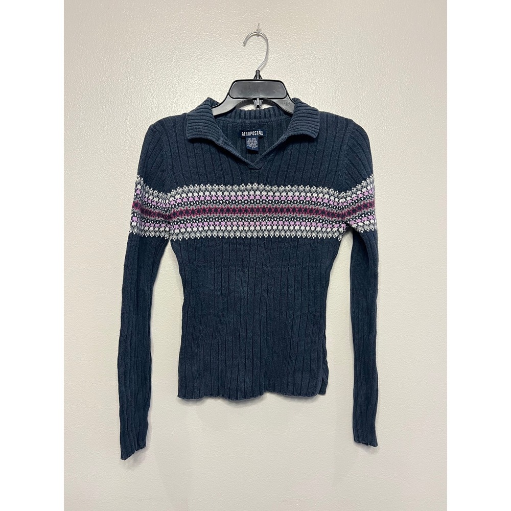 Aeropostale VTG Navy Blue Fair Isle Ribbed Knit Collared Sweater Y2K Skinny Sz S